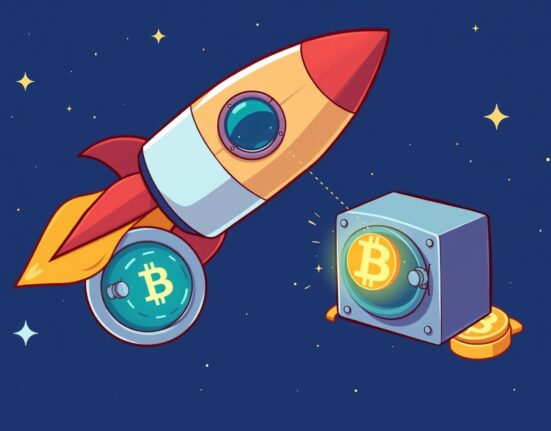 A cartoon illustration of a SpaceX rocket transferring a digital coin, symbolizing the recent SpaceX Bitcoin transfer for secure custody.
