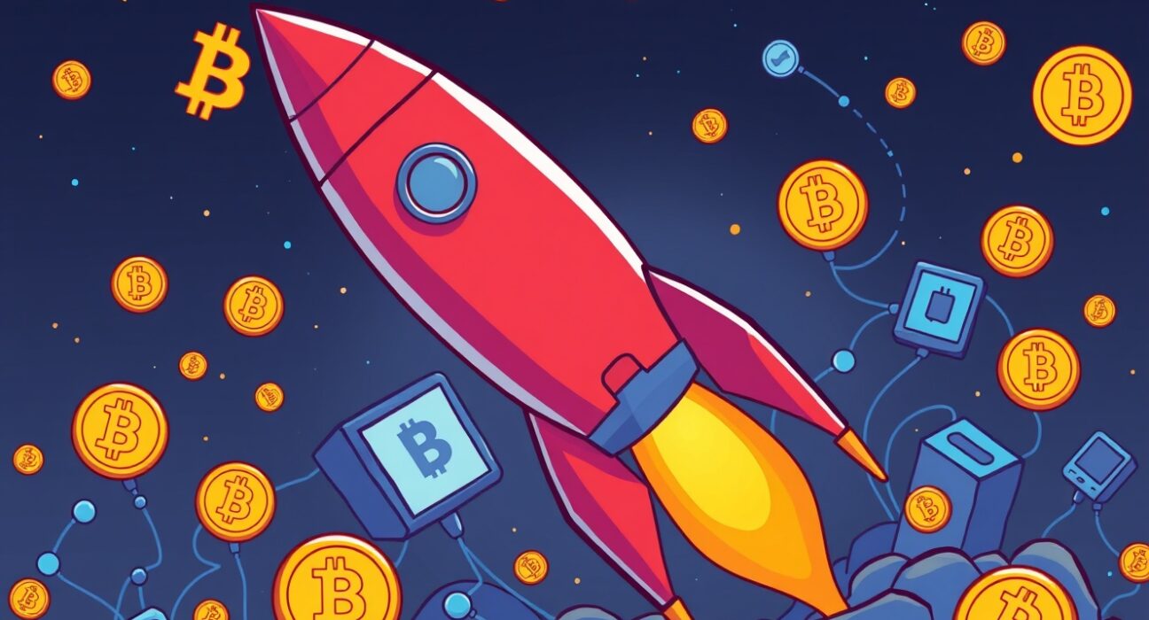 Stunning SpaceX Bitcoin transfer illustrated as a rocket launching through a digital blockchain landscape