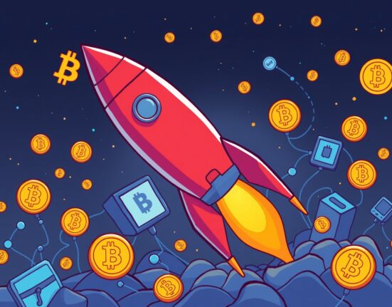 Stunning SpaceX Bitcoin transfer illustrated as a rocket launching through a digital blockchain landscape