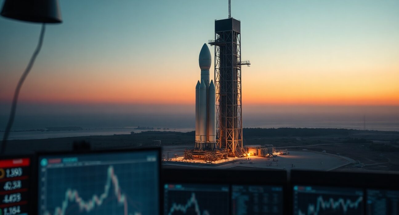 SpaceX rocket on launch pad at dawn with control room monitors in foreground
