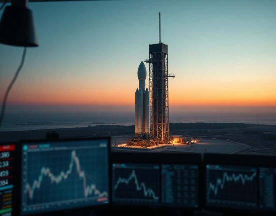SpaceX rocket on launch pad at dawn with control room monitors in foreground