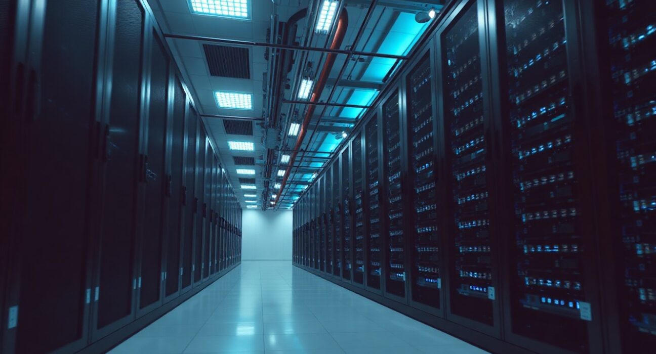 Interior of a large data center with rows of server racks, representing SpaceX's computing infrastructure.
