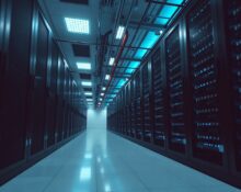 Interior of a large data center with rows of server racks, representing SpaceX's computing infrastructure.
