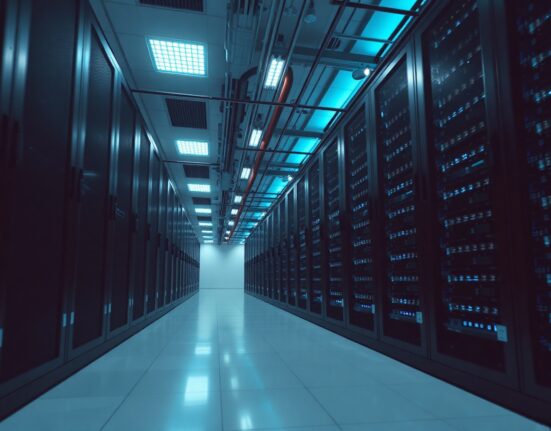 Interior of a large data center with rows of server racks, representing SpaceX's computing infrastructure.