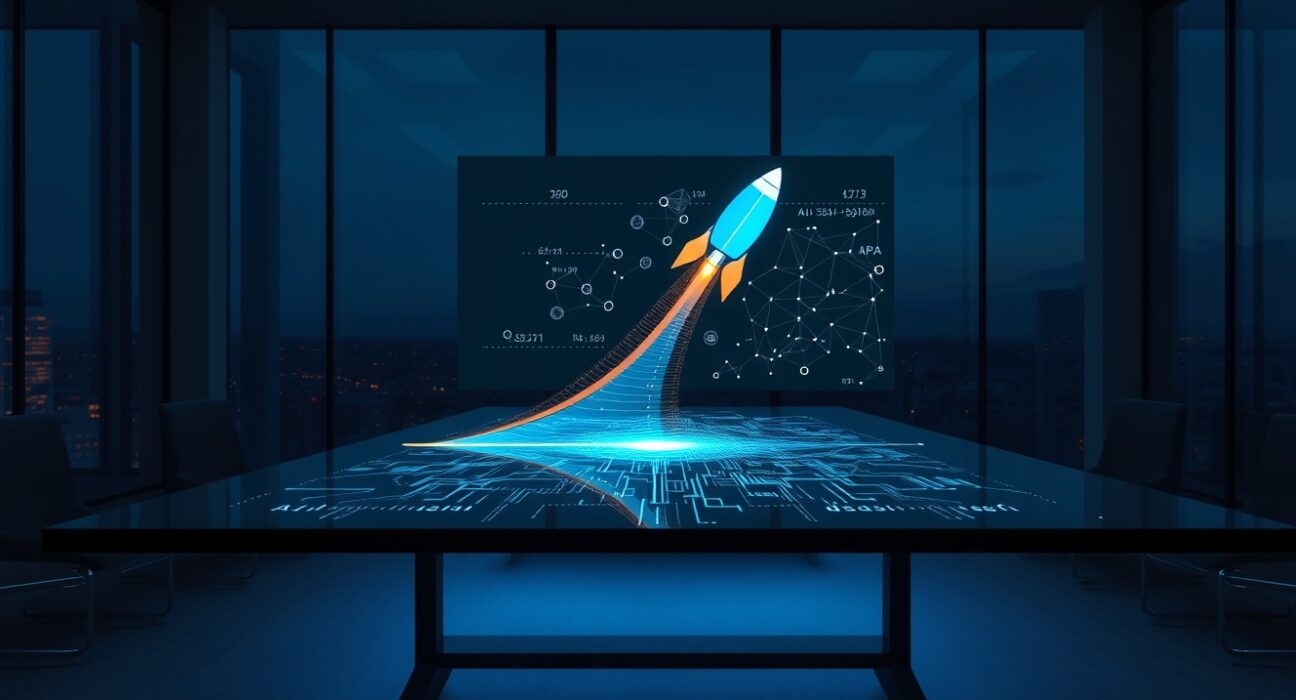 Strategic meeting for the SpaceX Cursor AI acquisition deal with holographic data visualization.