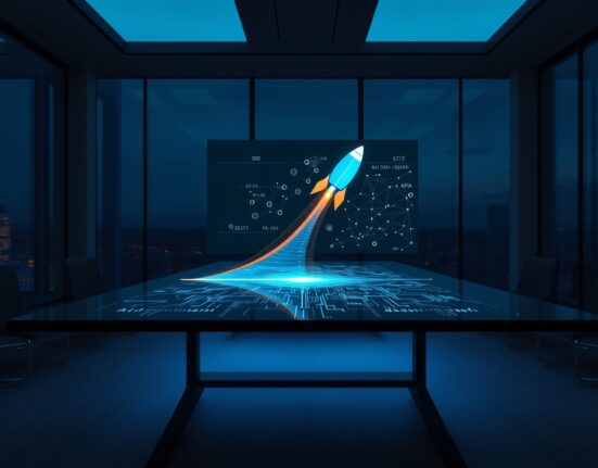 Strategic meeting for the SpaceX Cursor AI acquisition deal with holographic data visualization.