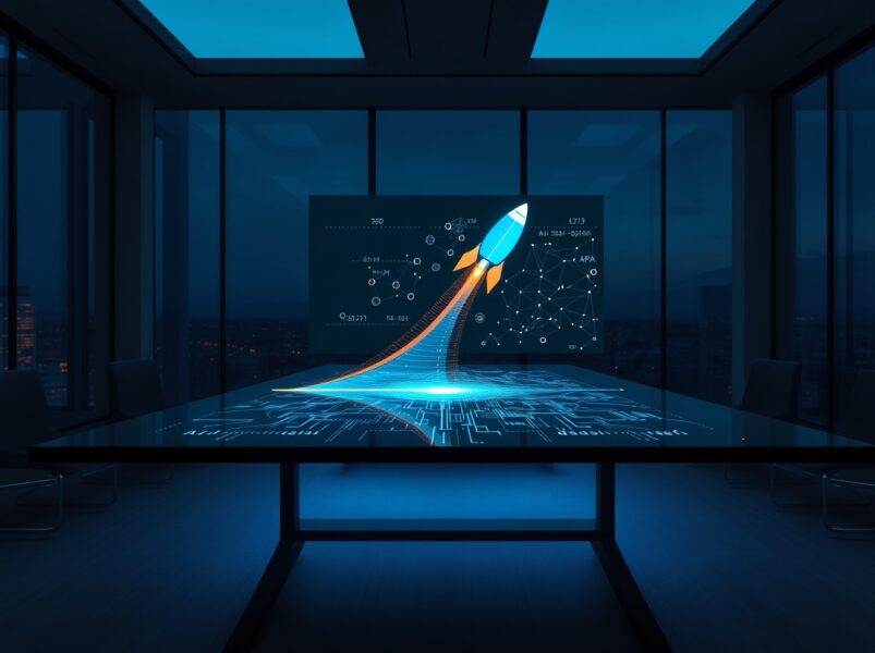 Strategic meeting for the SpaceX Cursor AI acquisition deal with holographic data visualization.