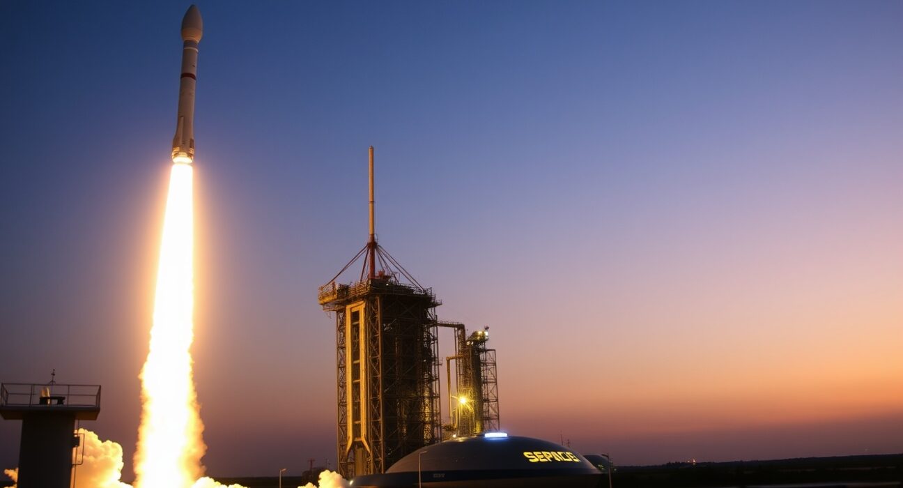 SpaceX Falcon 9 rocket launching at dusk with bright exhaust against dark sky