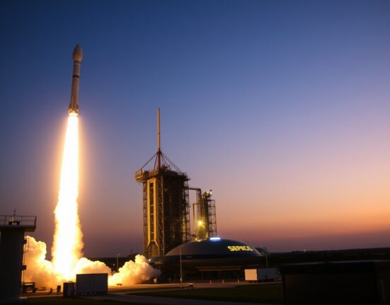 SpaceX Falcon 9 rocket launching at dusk with bright exhaust against dark sky