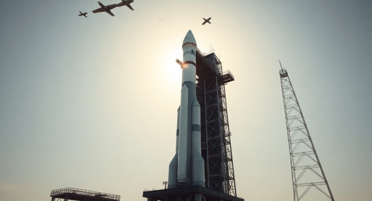 SpaceX Falcon 9 rocket on launch pad with Starlink satellites visible in the sky