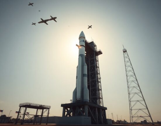 SpaceX Falcon 9 rocket on launch pad with Starlink satellites visible in the sky