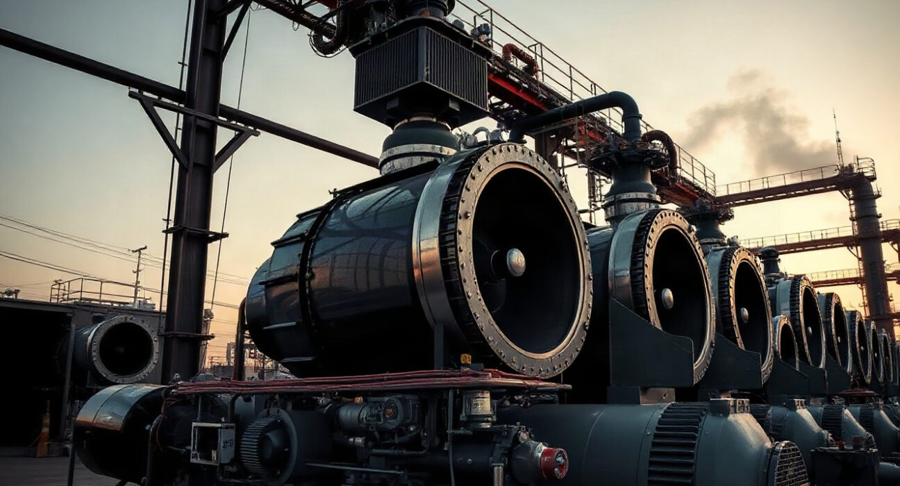Industrial gas turbine plant at dusk, representing SpaceX's foundry plans and AI power challenges.