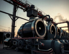Industrial gas turbine plant at dusk, representing SpaceX's foundry plans and AI power challenges.