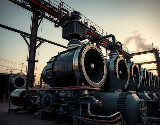 Industrial gas turbine plant at dusk, representing SpaceX's foundry plans and AI power challenges.
