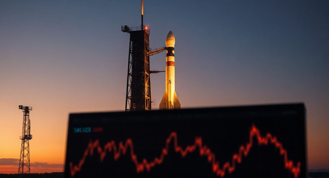SpaceX rocket on launch pad at dusk with stock market ticker in foreground symbolizing historic IPO