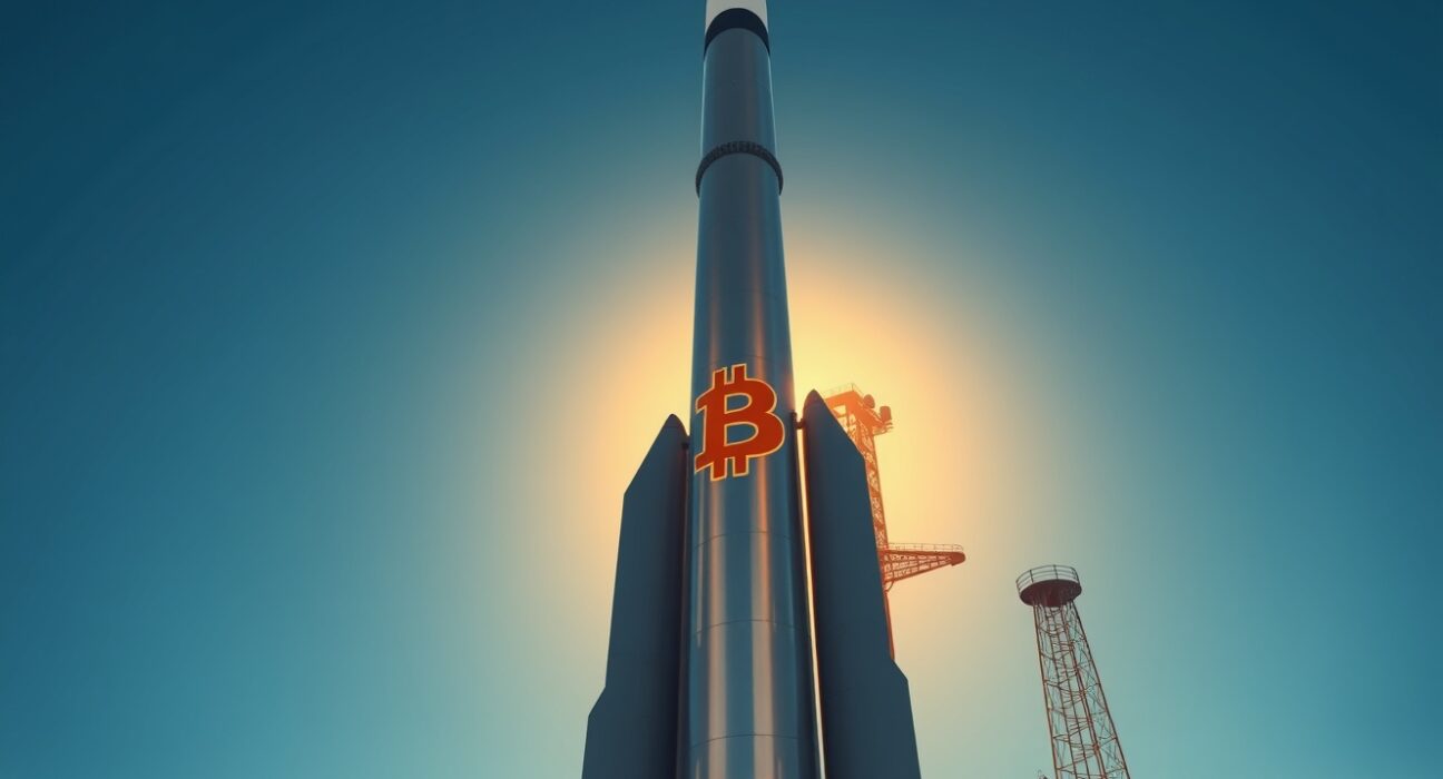 SpaceX rocket launch with Bitcoin symbol reflection, representing the potential impact of SpaceX IPO on cryptocurrency liquidity