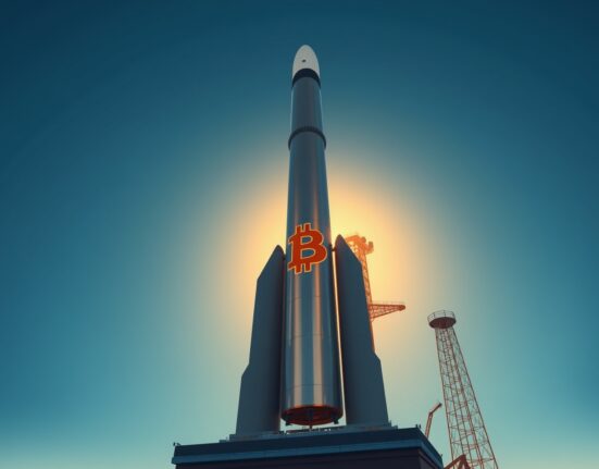SpaceX rocket launch with Bitcoin symbol reflection, representing the potential impact of SpaceX IPO on cryptocurrency liquidity