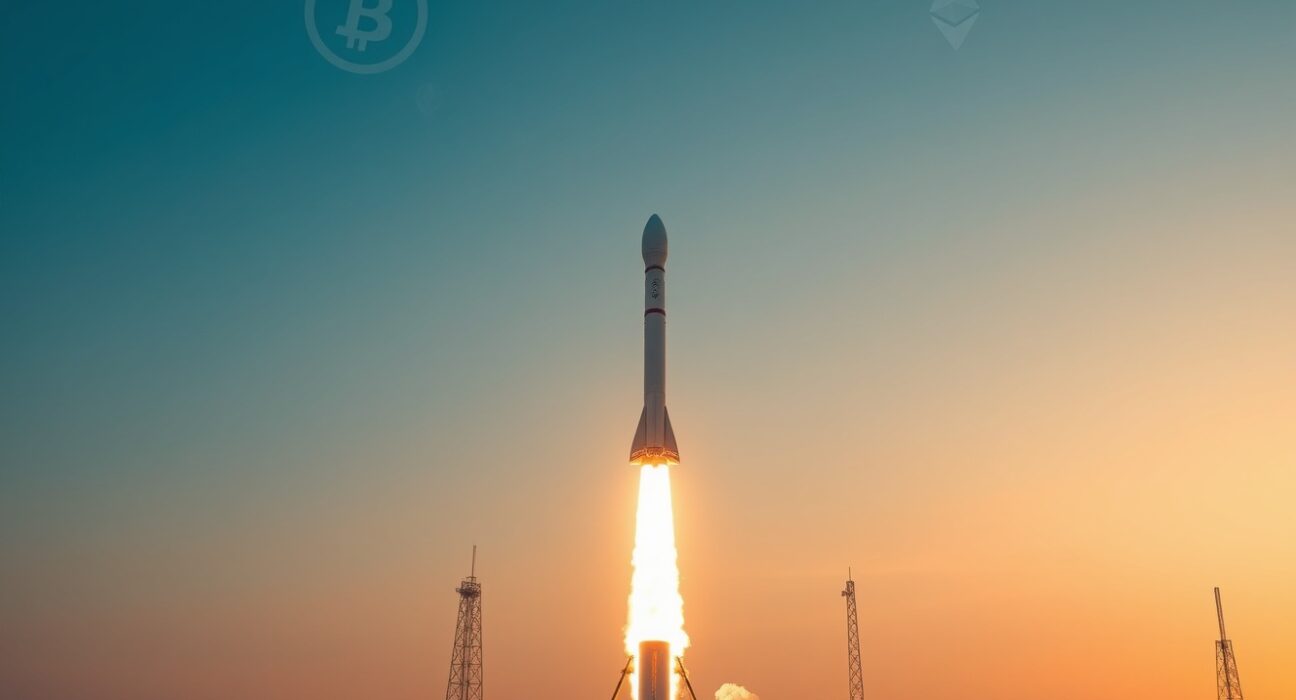 SpaceX rocket launch at dawn with cryptocurrency symbols in the sky representing the IPO's impact on digital asset markets.
