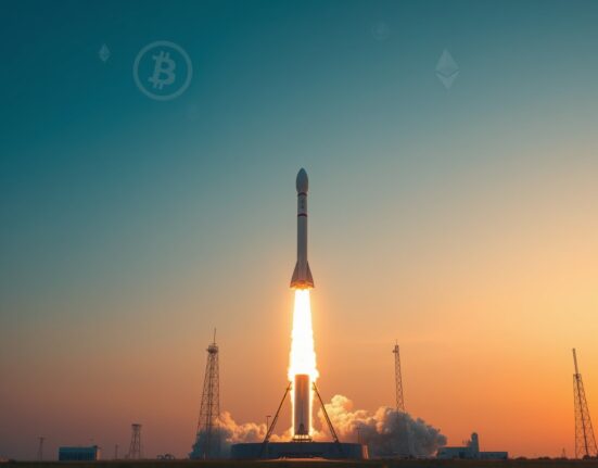 SpaceX rocket launch at dawn with cryptocurrency symbols in the sky representing the IPO's impact on digital asset markets.