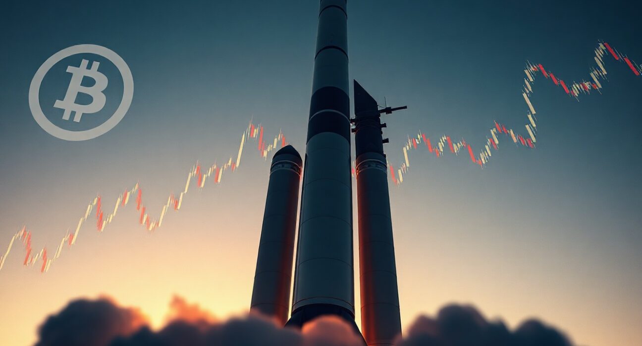 SpaceX rocket launch at dusk with Bitcoin and stock chart overlays symbolizing financial market impact.