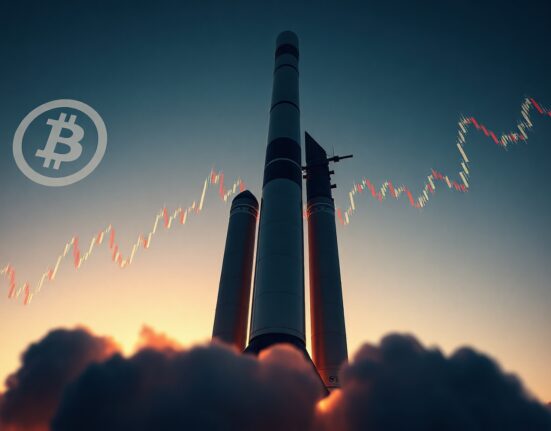 SpaceX rocket launch at dusk with Bitcoin and stock chart overlays symbolizing financial market impact.