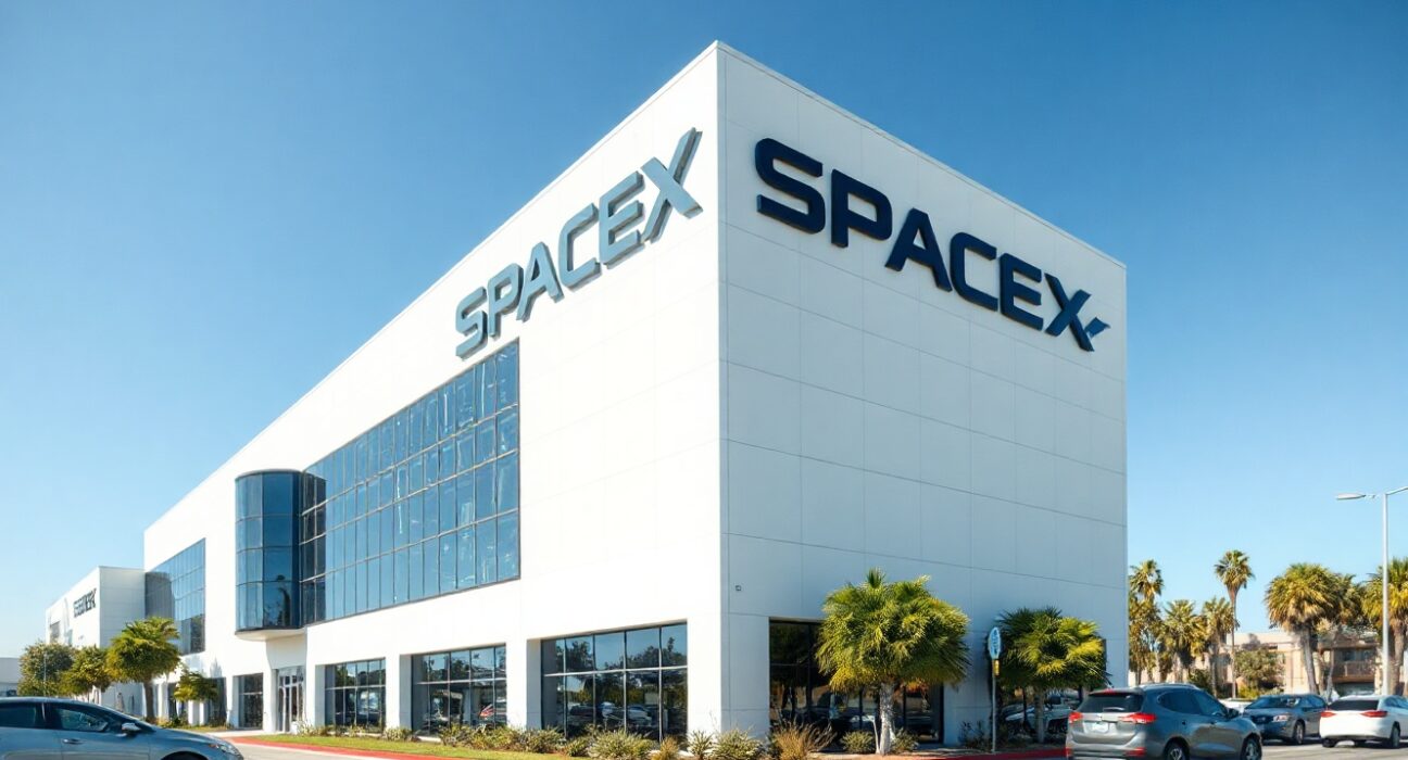 SpaceX headquarters building in Hawthorne, California on a sunny day.