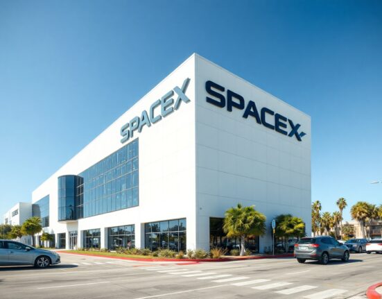 SpaceX headquarters building in Hawthorne, California on a sunny day.