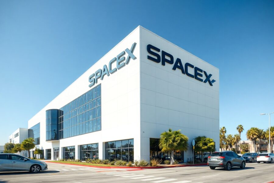 SpaceX headquarters building in Hawthorne, California on a sunny day.
