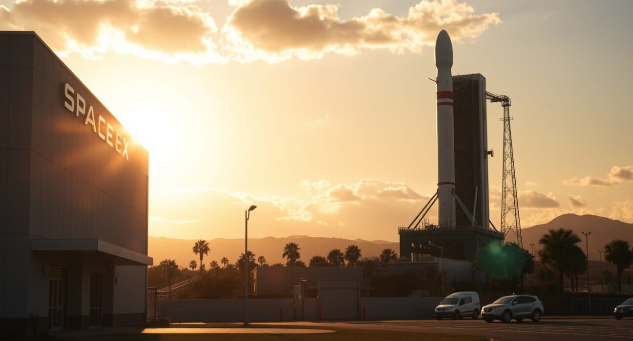 SpaceX headquarters with a Falcon 9 rocket on the launch pad during golden hour