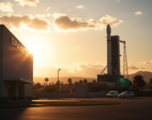 SpaceX headquarters with a Falcon 9 rocket on the launch pad during golden hour