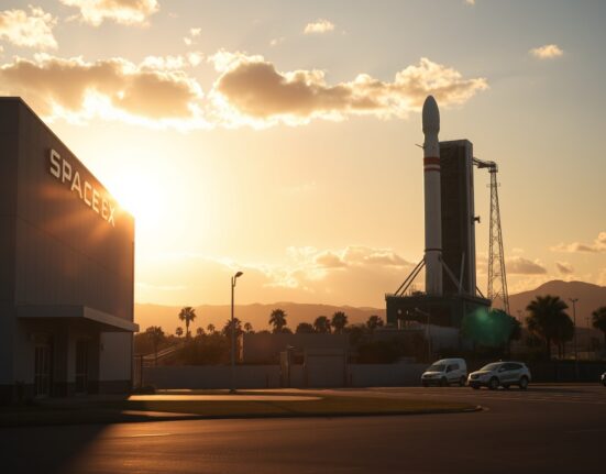 SpaceX headquarters with a Falcon 9 rocket on the launch pad during golden hour