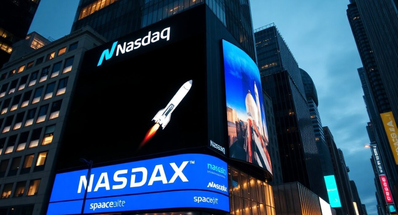 Nasdaq building in Times Square displaying SpaceX logo during historic IPO debut