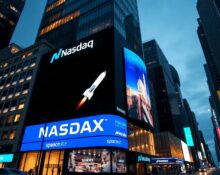 Nasdaq building in Times Square displaying SpaceX logo during historic IPO debut