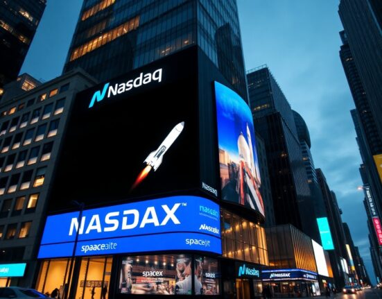 Nasdaq building in Times Square displaying SpaceX logo during historic IPO debut