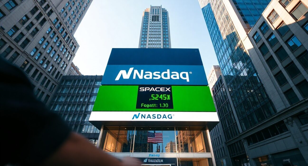 Nasdaq building exterior with digital display showing SpaceX logo and stock ticker symbol