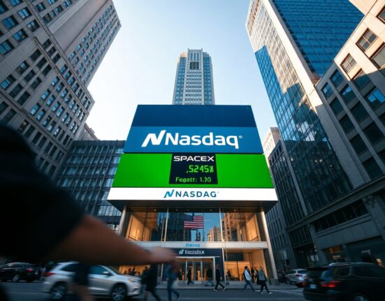 Nasdaq building exterior with digital display showing SpaceX logo and stock ticker symbol
