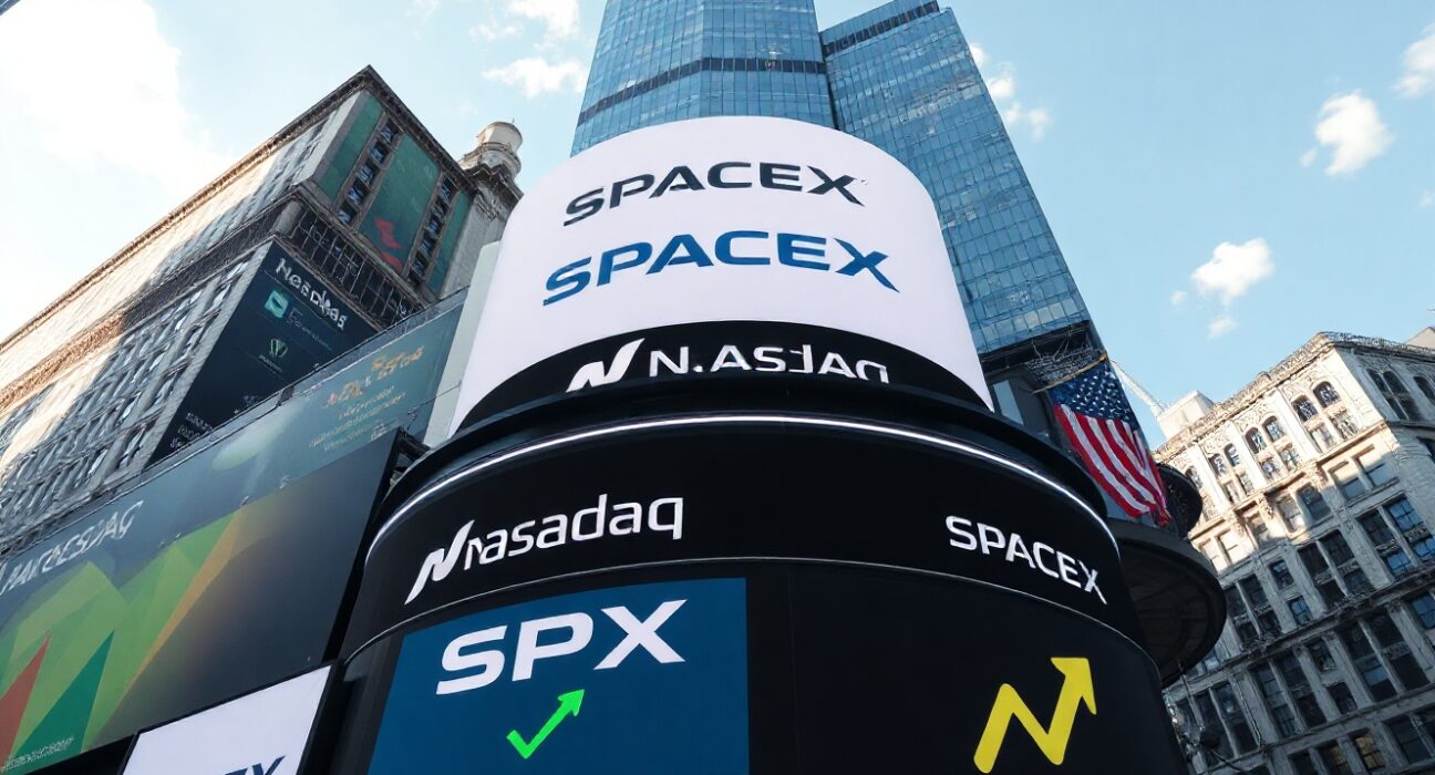 SpaceX logo displayed on Nasdaq MarketSite tower in Times Square on IPO day