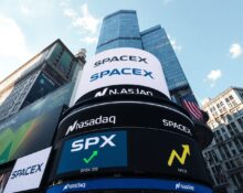 SpaceX logo displayed on Nasdaq MarketSite tower in Times Square on IPO day