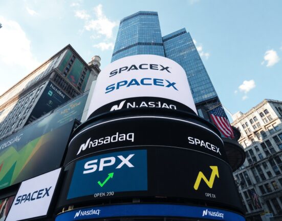SpaceX logo displayed on Nasdaq MarketSite tower in Times Square on IPO day