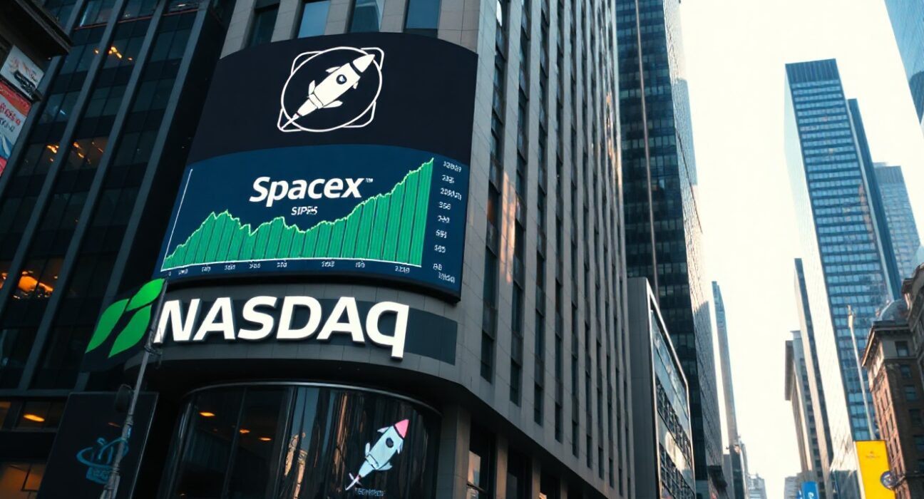 Nasdaq building in Times Square displaying SpaceX stock ticker and green chart on IPO day