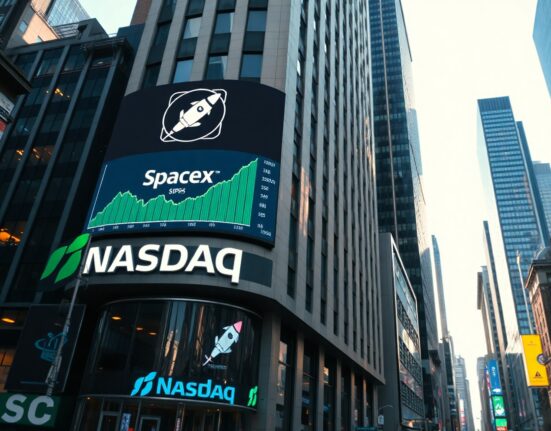 Nasdaq building in Times Square displaying SpaceX stock ticker and green chart on IPO day