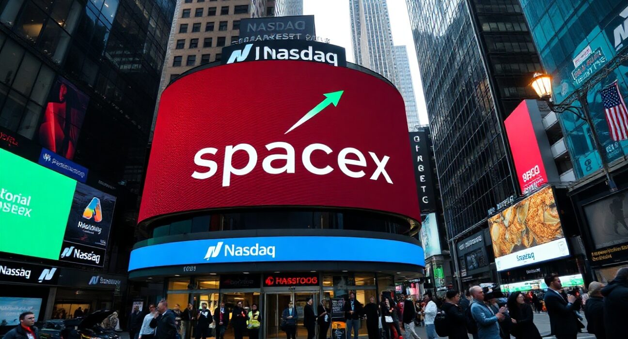 Nasdaq display showing SpaceX stock price surge on IPO day in Times Square
