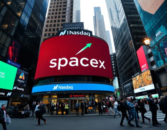 Nasdaq display showing SpaceX stock price surge on IPO day in Times Square