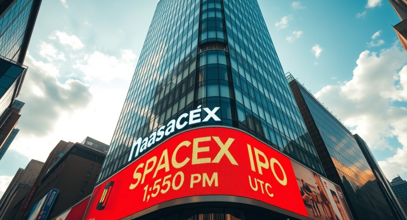 Nasdaq MarketSite building in New York City with SpaceX IPO announcement on digital ticker.