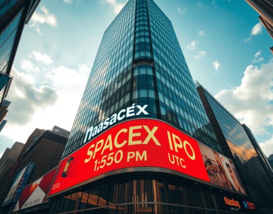 Nasdaq MarketSite building in New York City with SpaceX IPO announcement on digital ticker.