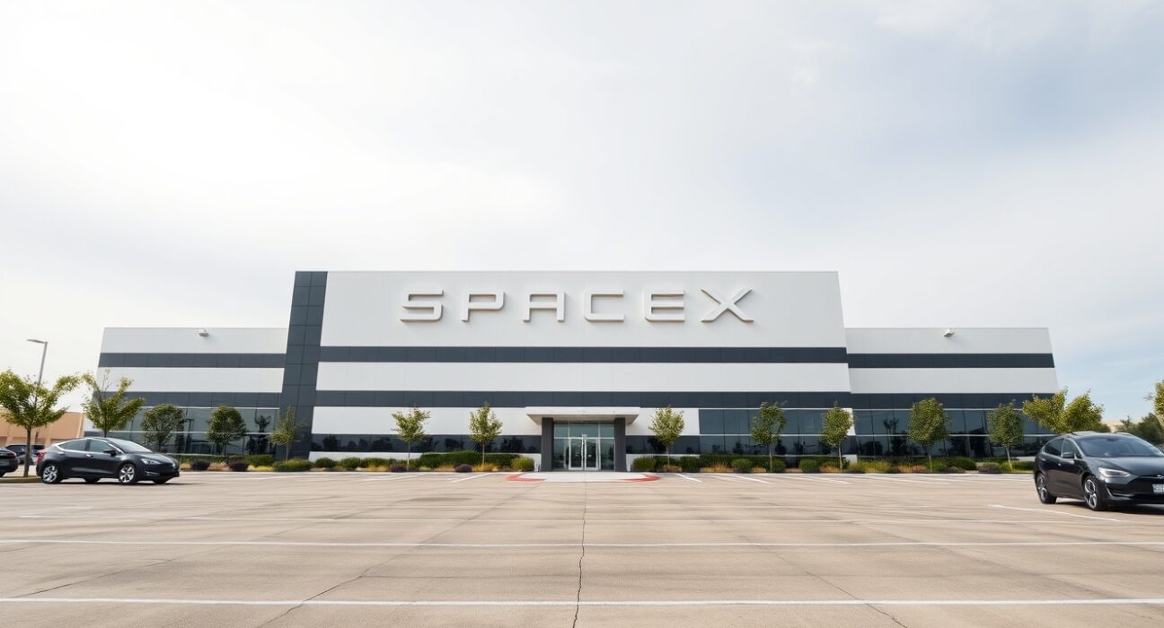 SpaceX headquarters in Hawthorne, California, with the company logo visible on the building.