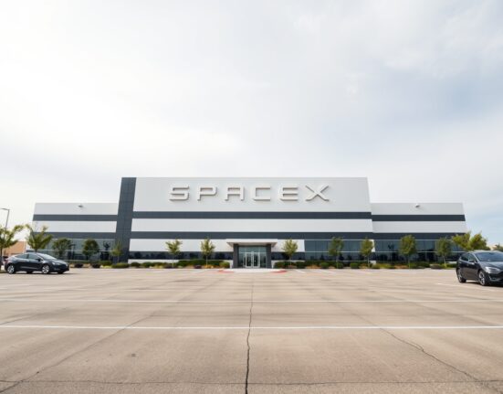 SpaceX headquarters in Hawthorne, California, with the company logo visible on the building.