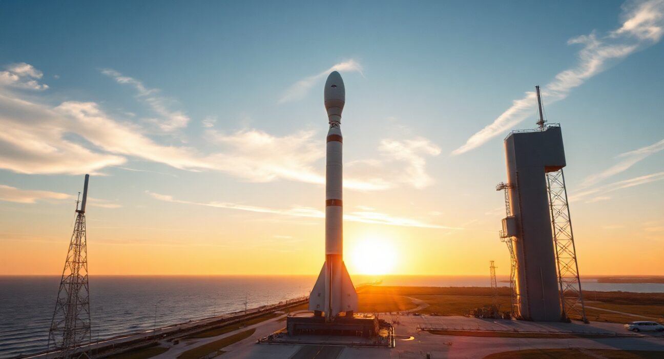 Falcon 9 rocket at Cape Canaveral launch pad at sunset