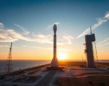 Falcon 9 rocket at Cape Canaveral launch pad at sunset