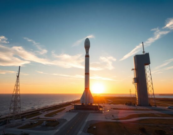 Falcon 9 rocket at Cape Canaveral launch pad at sunset